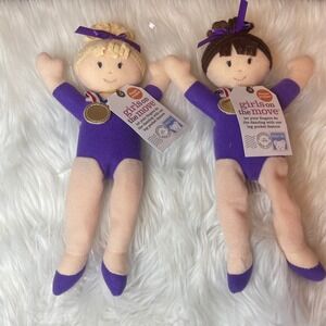 Girls on the Move Gymnast Dolls Lot of 2 Plush Purple Leotard Brunette Blonde